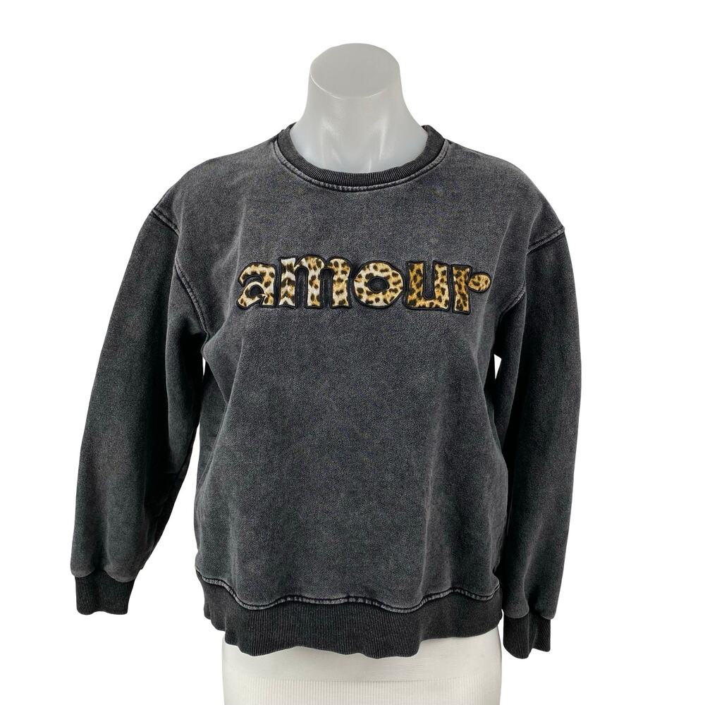 Jubylee Women's Gray Leopard Amour Embroidered Long Sleeve Sweatshirt Top M/L